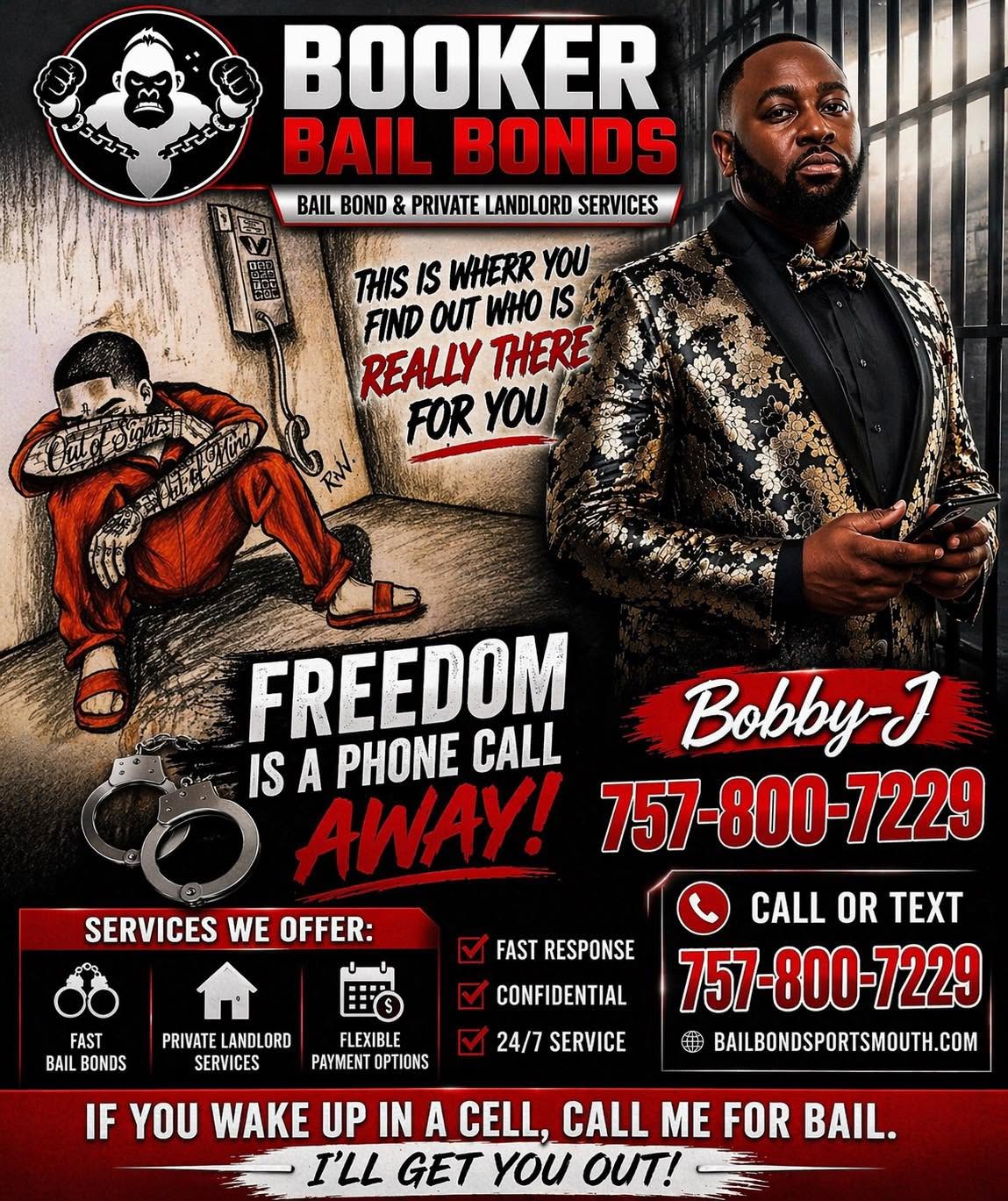 Booker Bail Bonds services poster featuring Bobby-J
