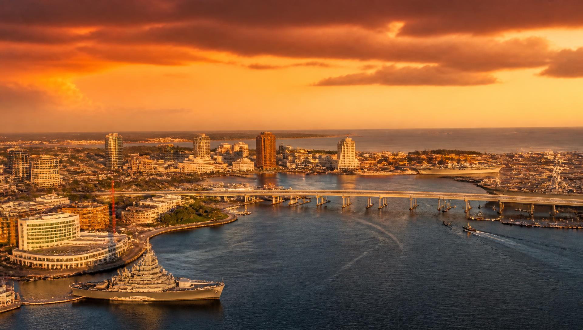 Aerial view of Hampton Roads, Virginia at golden hour